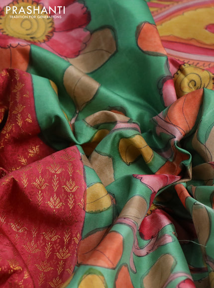 Pure kanchipuram silk saree maroon shade and teal green with allover zari woven brocade weaves and kalamkari printed pallu & border