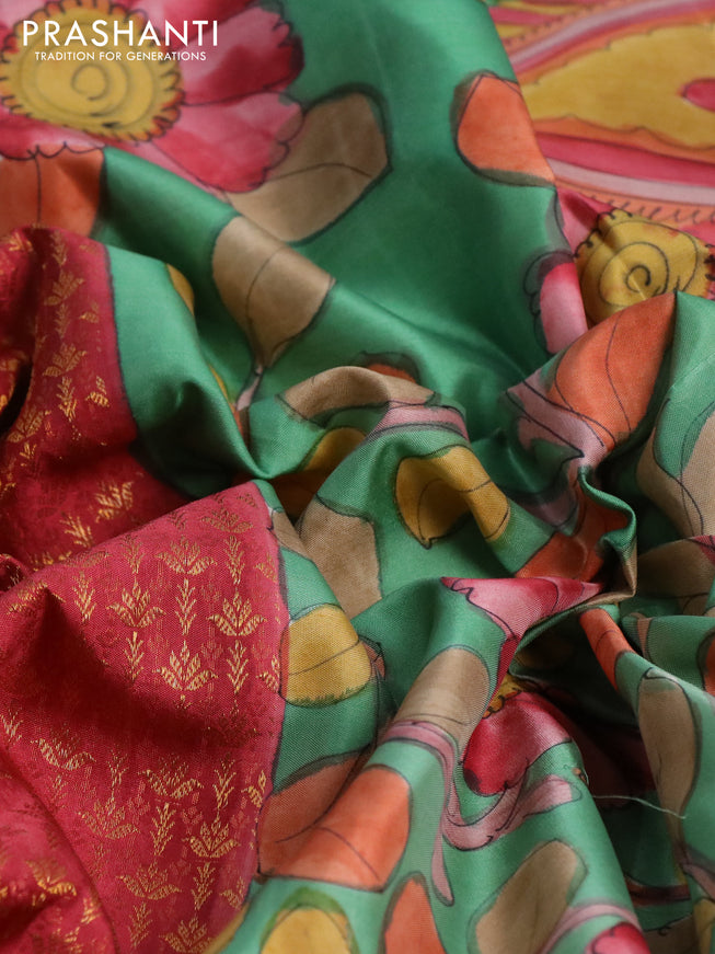 Pure kanchipuram silk saree maroon shade and teal green with allover zari woven brocade weaves and kalamkari printed pallu & border