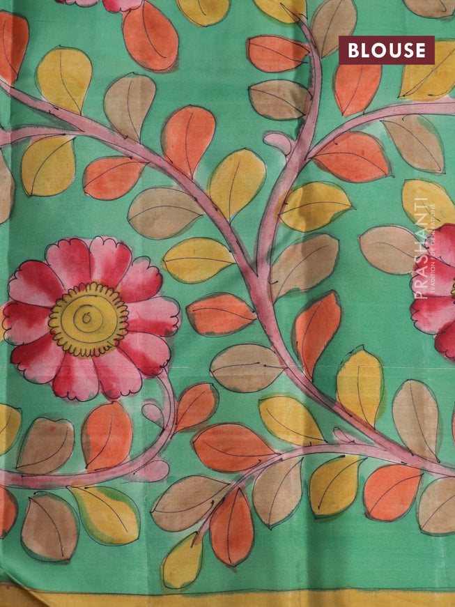 Pure kanchipuram silk saree maroon shade and teal green with allover zari woven brocade weaves and kalamkari printed pallu & border