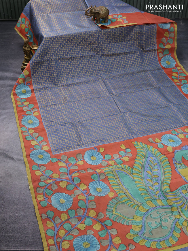 Pure kanchipuram silk saree bluish grey and rustic orange with allover zari woven brocade weaves and kalamkari printed pallu & border