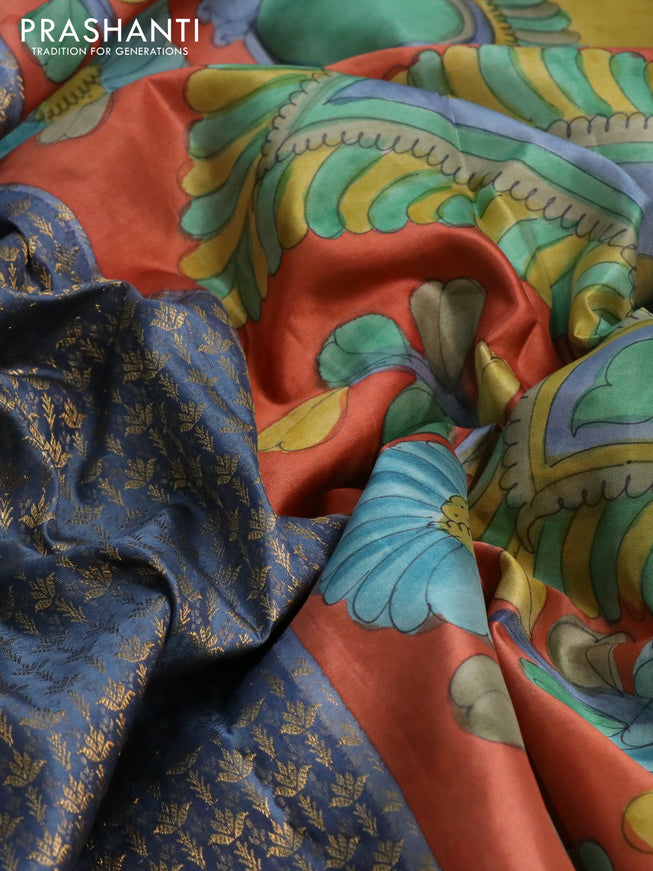 Pure kanchipuram silk saree bluish grey and rustic orange with allover zari woven brocade weaves and kalamkari printed pallu & border