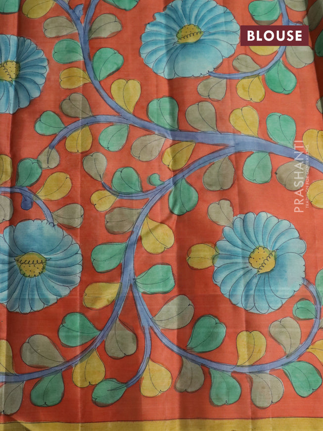 Pure kanchipuram silk saree bluish grey and rustic orange with allover zari woven brocade weaves and kalamkari printed pallu & border