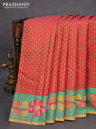 Pure kanchipuram silk saree maroon shade and teal green with allover zari woven brocade weaves and kalamkari printed pallu & border