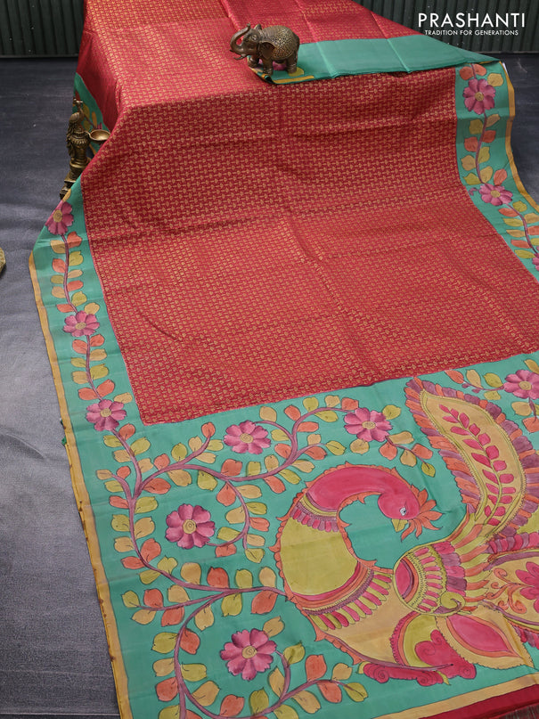 Pure kanchipuram silk saree maroon shade and teal green with allover zari woven brocade weaves and kalamkari printed pallu & border