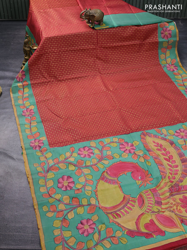 Pure kanchipuram silk saree maroon shade and teal green with allover zari woven brocade weaves and kalamkari printed pallu & border