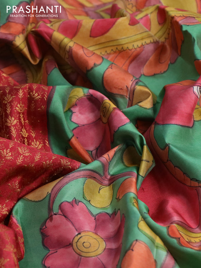 Pure kanchipuram silk saree maroon shade and teal green with allover zari woven brocade weaves and kalamkari printed pallu & border