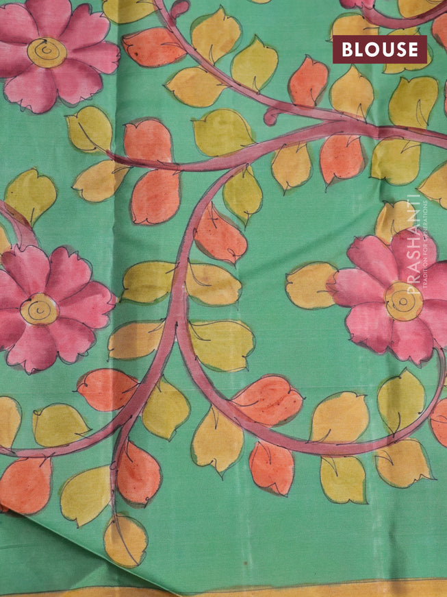 Pure kanchipuram silk saree maroon shade and teal green with allover zari woven brocade weaves and kalamkari printed pallu & border