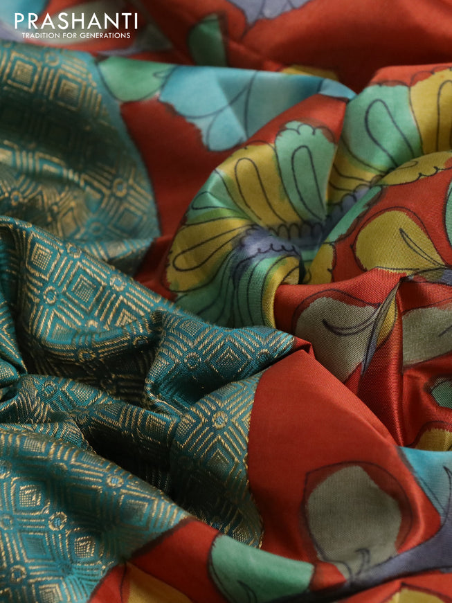 Pure kanchipuram silk saree teal green shade and rustic orange with allover zari woven geometric brocade weaves and kalamkari printed pallu & border