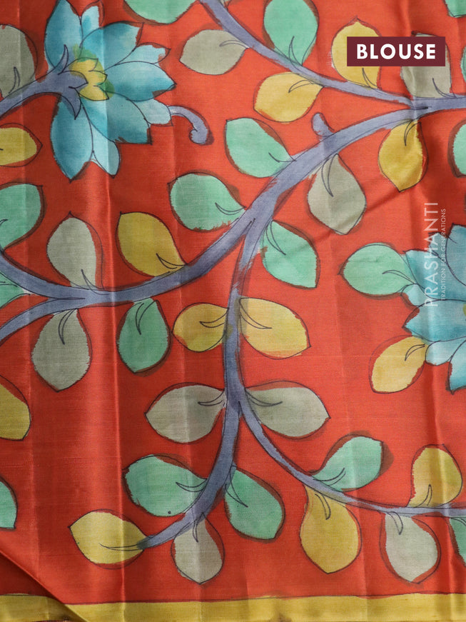 Pure kanchipuram silk saree teal green shade and rustic orange with allover zari woven geometric brocade weaves and kalamkari printed pallu & border