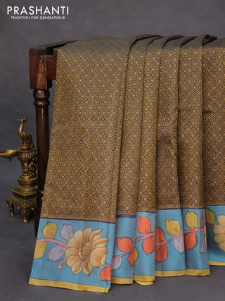 Pure kanchipuram silk saree dark elephant grey and blue with allover zari woven geometric brocade weaves and kalamkari printed pallu & border