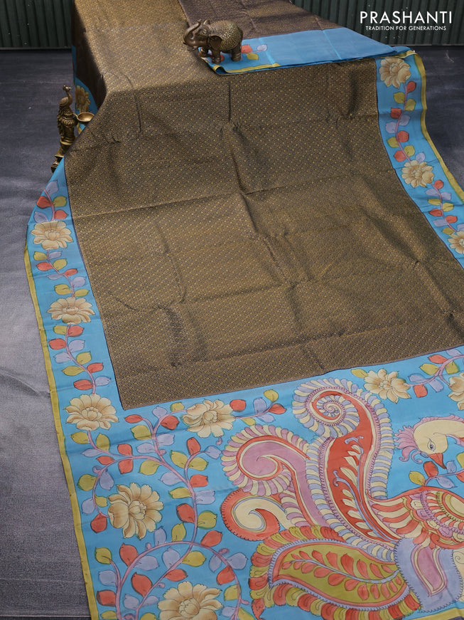 Pure kanchipuram silk saree dark elephant grey and blue with allover zari woven geometric brocade weaves and kalamkari printed pallu & border