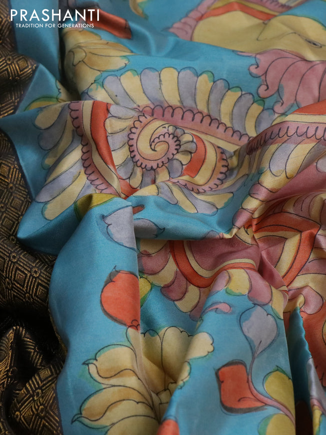 Pure kanchipuram silk saree dark elephant grey and blue with allover zari woven geometric brocade weaves and kalamkari printed pallu & border