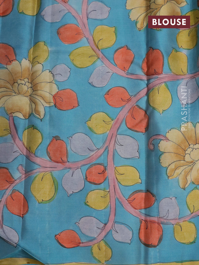 Pure kanchipuram silk saree dark elephant grey and blue with allover zari woven geometric brocade weaves and kalamkari printed pallu & border