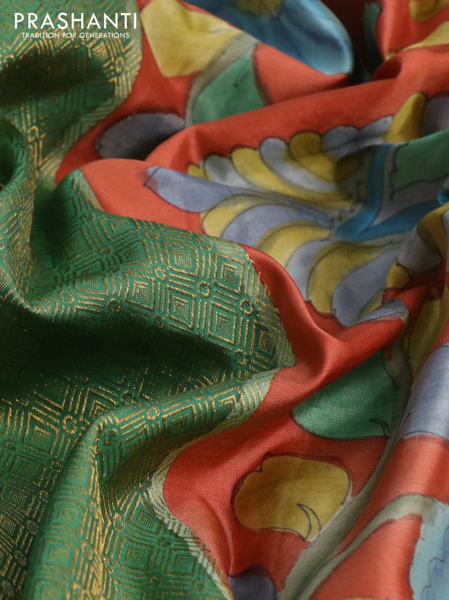 Pure kanchipuram silk saree teal green and rustic orange with allover zari woven geometric brocade weaves and kalamkari printed pallu & border