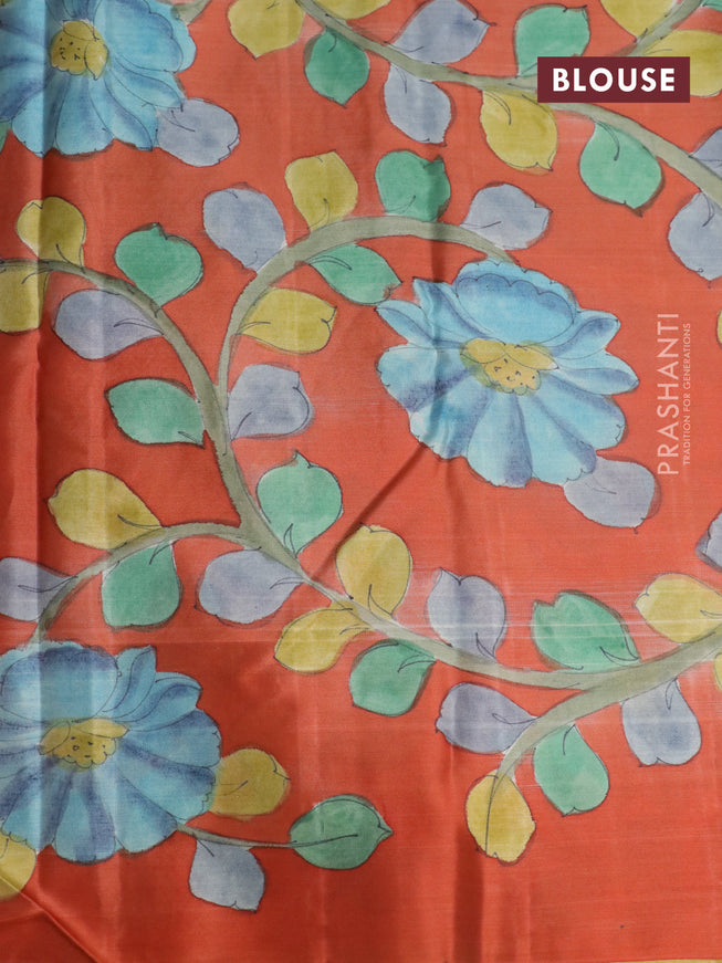 Pure kanchipuram silk saree teal green and rustic orange with allover zari woven geometric brocade weaves and kalamkari printed pallu & border