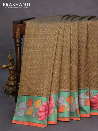 Pure kanchipuram silk saree elephant grey and teal green with allover zari woven geometric brocade weaves and kalamkari printed pallu & border