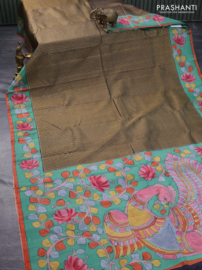 Pure kanchipuram silk saree elephant grey and teal green with allover zari woven geometric brocade weaves and kalamkari printed pallu & border