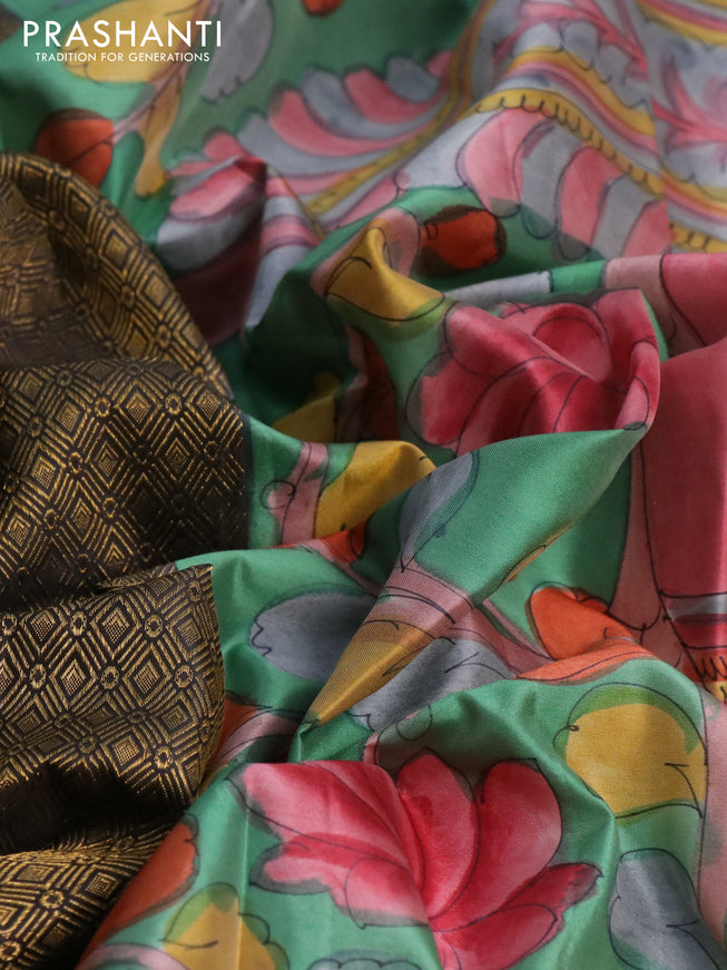 Pure kanchipuram silk saree elephant grey and teal green with allover zari woven geometric brocade weaves and kalamkari printed pallu & border