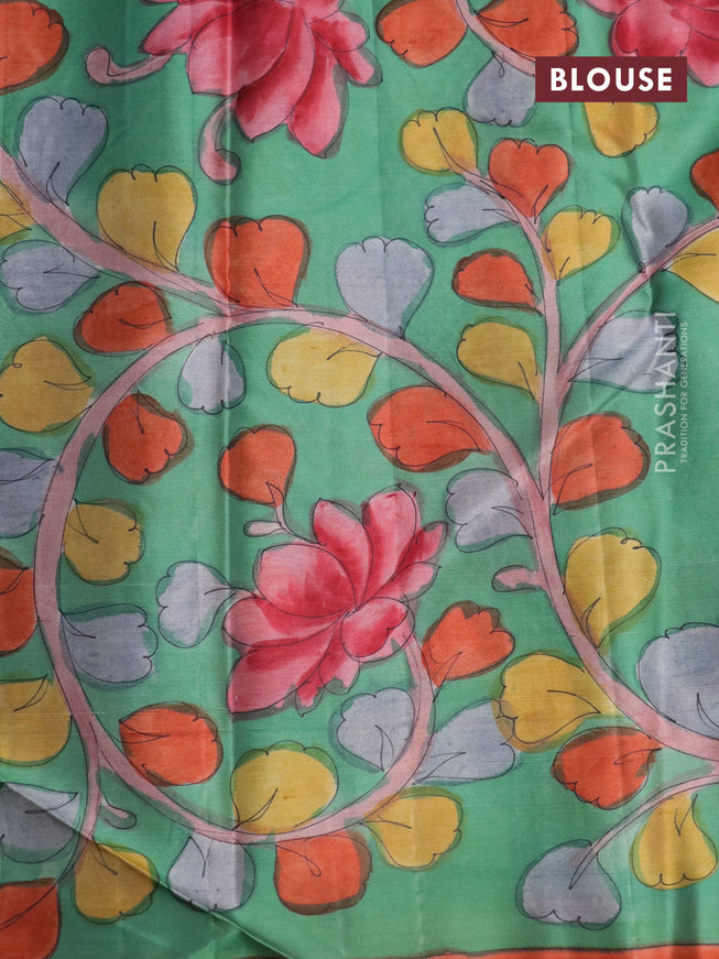 Pure kanchipuram silk saree elephant grey and teal green with allover zari woven geometric brocade weaves and kalamkari printed pallu & border