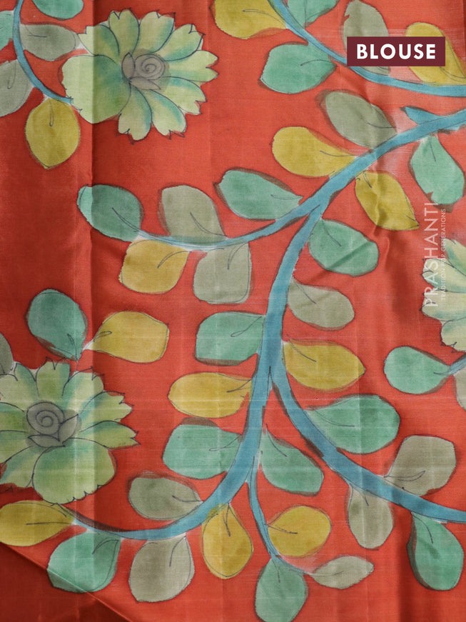 Pure kanchipuram silk saree teal blue and rustic orange with allover zari woven geometric brocade weaves and kalamkari printed pallu & border