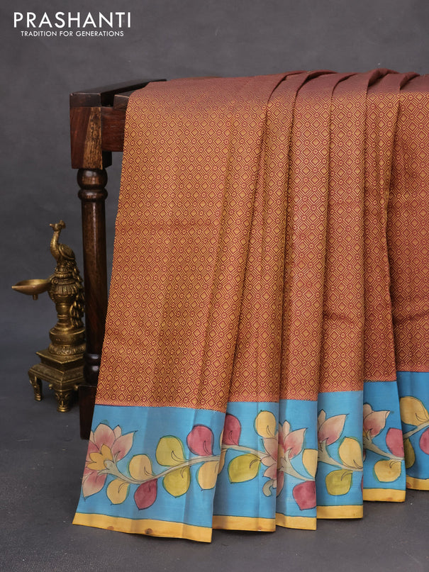 Pure kanchipuram silk saree maroon and blue with allover zari woven geometric brocade weaves and kalamkari printed pallu & border