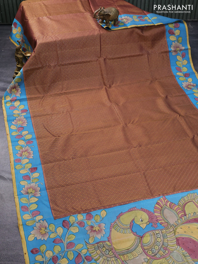 Pure kanchipuram silk saree maroon and blue with allover zari woven geometric brocade weaves and kalamkari printed pallu & border