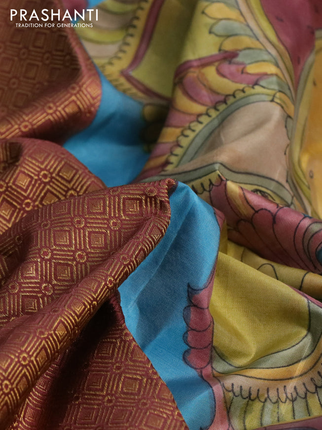 Pure kanchipuram silk saree maroon and blue with allover zari woven geometric brocade weaves and kalamkari printed pallu & border