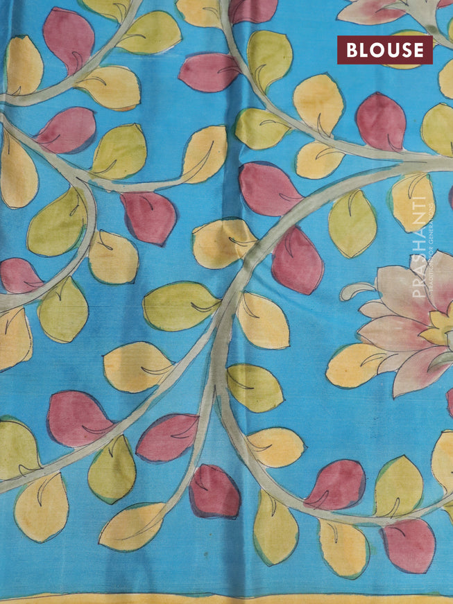 Pure kanchipuram silk saree maroon and blue with allover zari woven geometric brocade weaves and kalamkari printed pallu & border