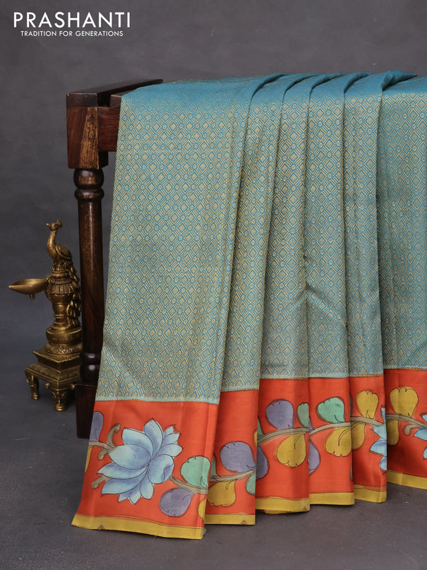 Pure kanchipuram silk saree pastel blue and rustic orange with allover zari woven geometric brocade weaves and kalamkari printed pallu & border
