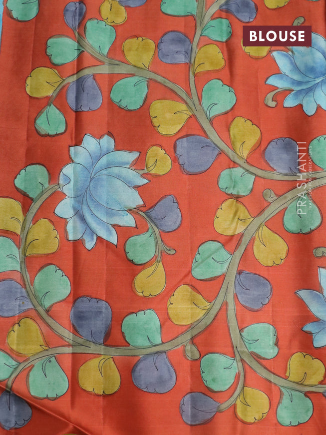 Pure kanchipuram silk saree pastel blue and rustic orange with allover zari woven geometric brocade weaves and kalamkari printed pallu & border