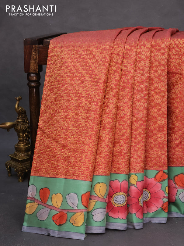 Pure kanchipuram silk saree dark peach shade and teal green shade with allover zari woven geometric brocade weaves and kalamkari printed pallu & border