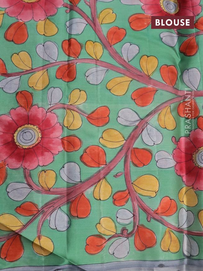 Pure kanchipuram silk saree dark peach shade and teal green shade with allover zari woven geometric brocade weaves and kalamkari printed pallu & border