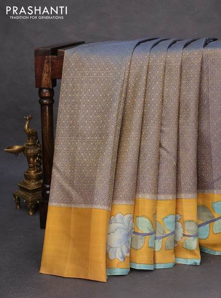 Pure kanchipuram silk saree bluish grey and mustard yellow with allover zari woven geometric brocade weaves and kalamkari printed pallu & border
