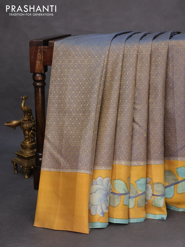 Pure kanchipuram silk saree bluish grey and mustard yellow with allover zari woven geometric brocade weaves and kalamkari printed pallu & border