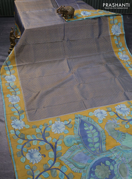 Pure kanchipuram silk saree bluish grey and mustard yellow with allover zari woven geometric brocade weaves and kalamkari printed pallu & border
