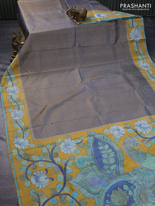 Pure kanchipuram silk saree bluish grey and mustard yellow with allover zari woven geometric brocade weaves and kalamkari printed pallu & border