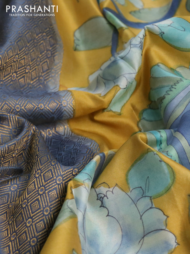 Pure kanchipuram silk saree bluish grey and mustard yellow with allover zari woven geometric brocade weaves and kalamkari printed pallu & border