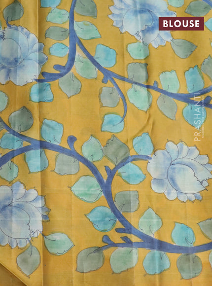 Pure kanchipuram silk saree bluish grey and mustard yellow with allover zari woven geometric brocade weaves and kalamkari printed pallu & border