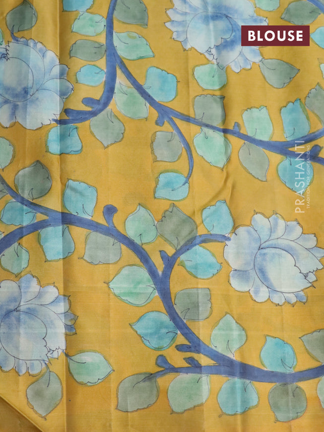 Pure kanchipuram silk saree bluish grey and mustard yellow with allover zari woven geometric brocade weaves and kalamkari printed pallu & border