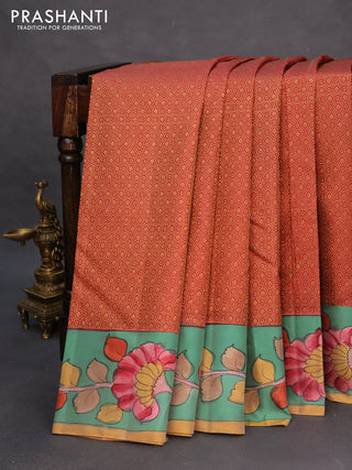 Pure kanchipuram silk saree maroon and teal green shade with allover zari woven geometric brocade weaves and kalamkari printed pallu & border