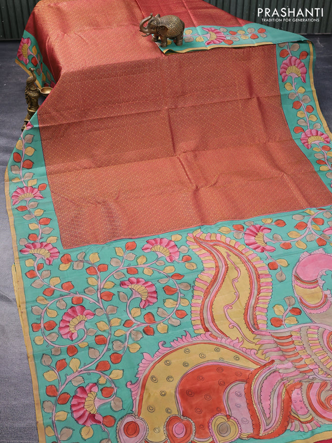 Pure kanchipuram silk saree maroon and teal green shade with allover zari woven geometric brocade weaves and kalamkari printed pallu & border