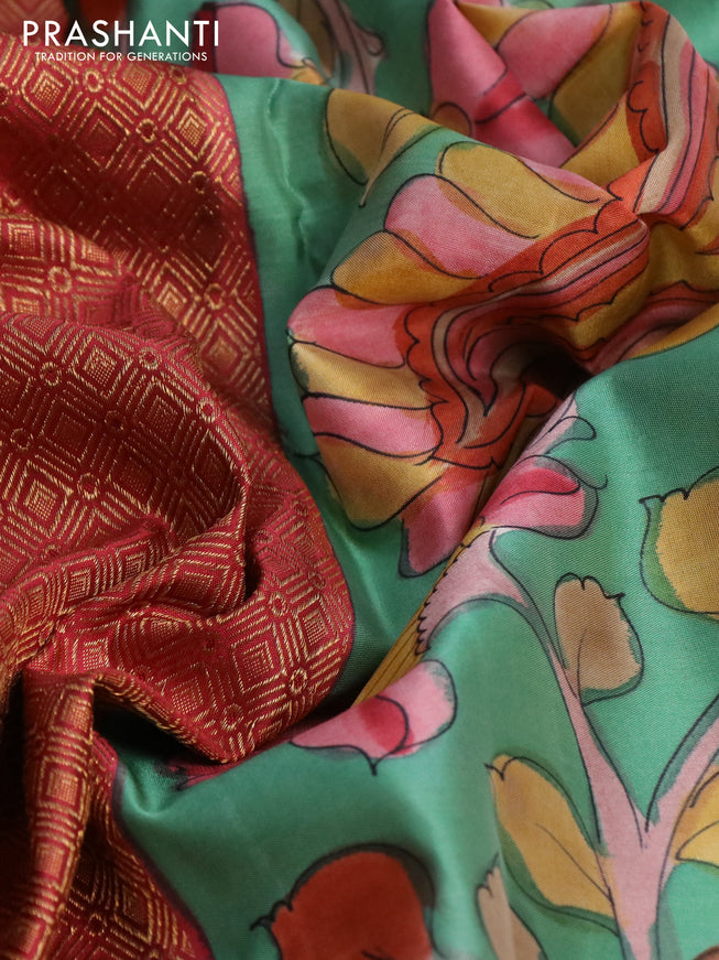 Pure kanchipuram silk saree maroon and teal green shade with allover zari woven geometric brocade weaves and kalamkari printed pallu & border