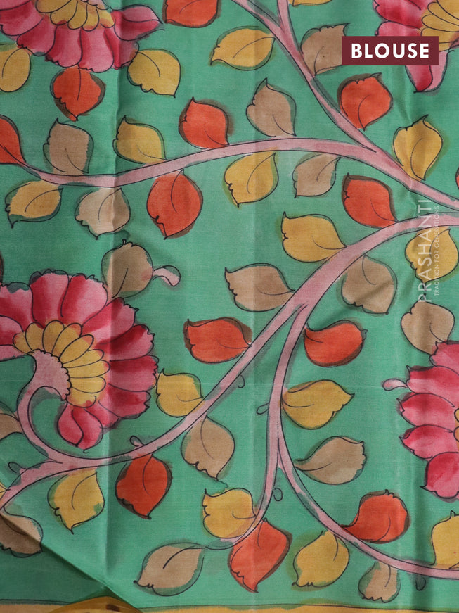 Pure kanchipuram silk saree maroon and teal green shade with allover zari woven geometric brocade weaves and kalamkari printed pallu & border