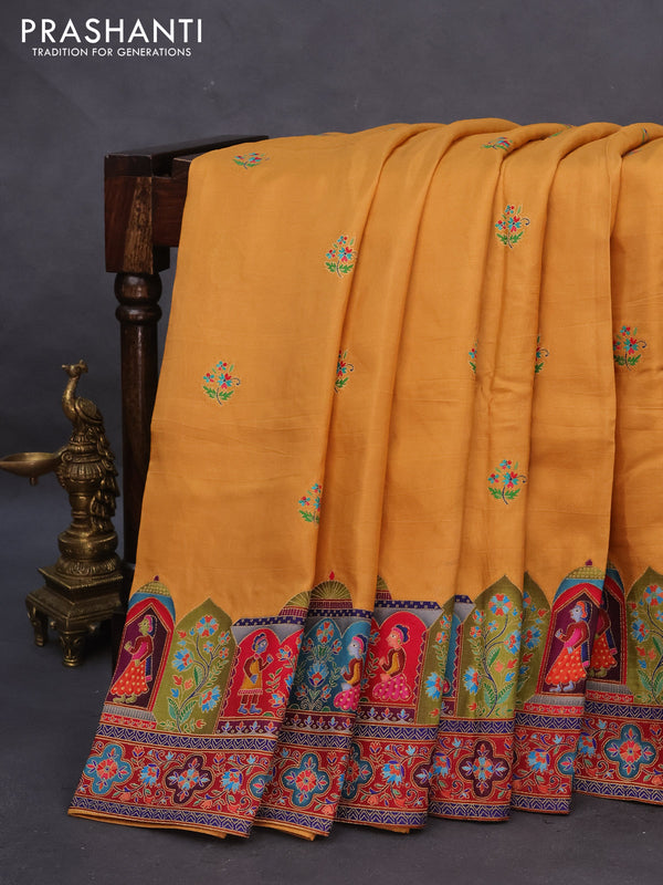 Banarasi silk saree mustard yellow with position prints and printed border