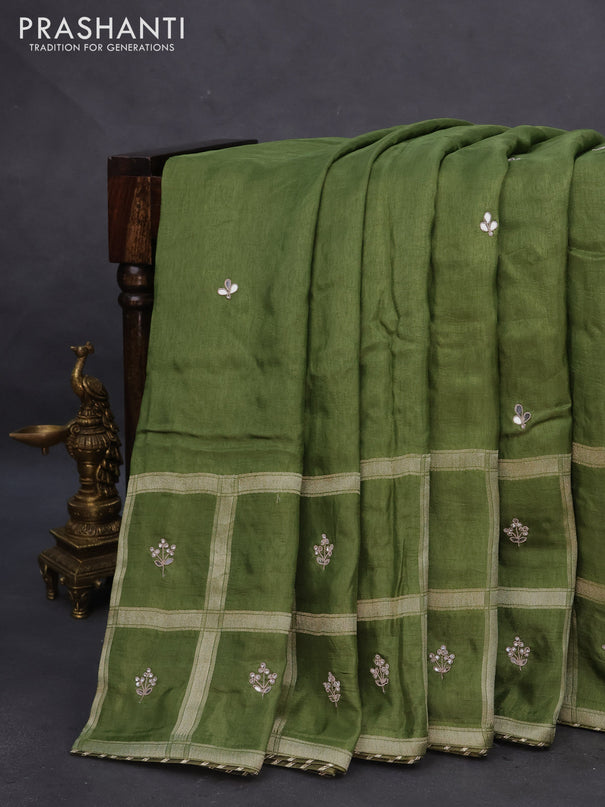 Satin crepe silk saree sap green with mirror work buttas and zari checked & stone work border