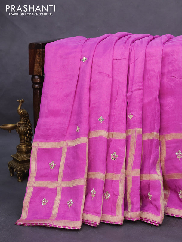 Satin crepe silk saree pink with mirror work buttas and zari checked & stone work border