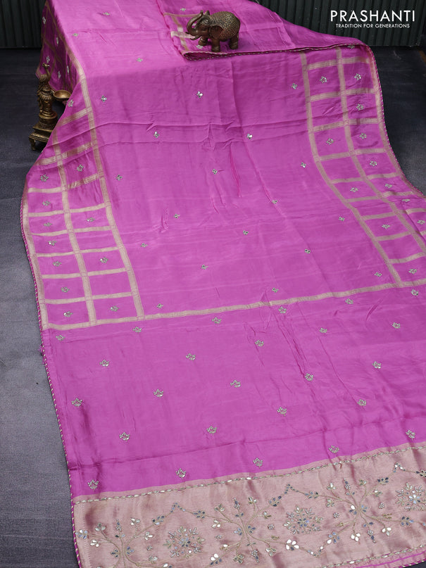 Satin crepe silk saree pink with mirror work buttas and zari checked & stone work border