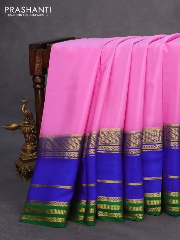 Pure mysore silk saree light pink and royal blue green with plain body and zari woven border