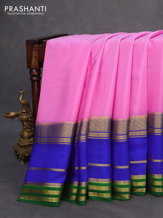 Pure mysore silk saree light pink and royal blue green with plain body and zari woven border