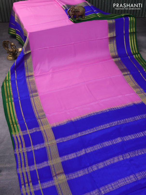 Pure mysore silk saree light pink and royal blue green with plain body and zari woven border